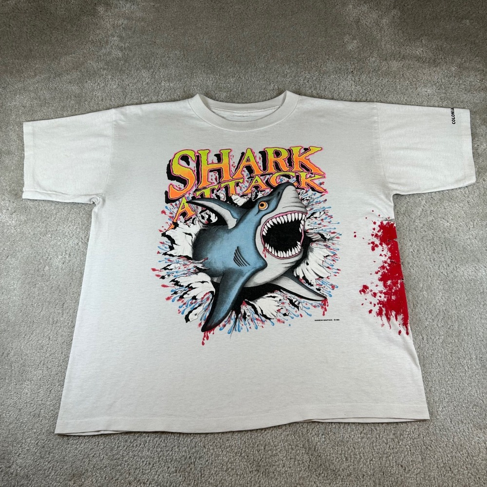 Vintage Rainbow Graphics Shark Attack T-Shirt Mens XL White 1993 Distressed Tee